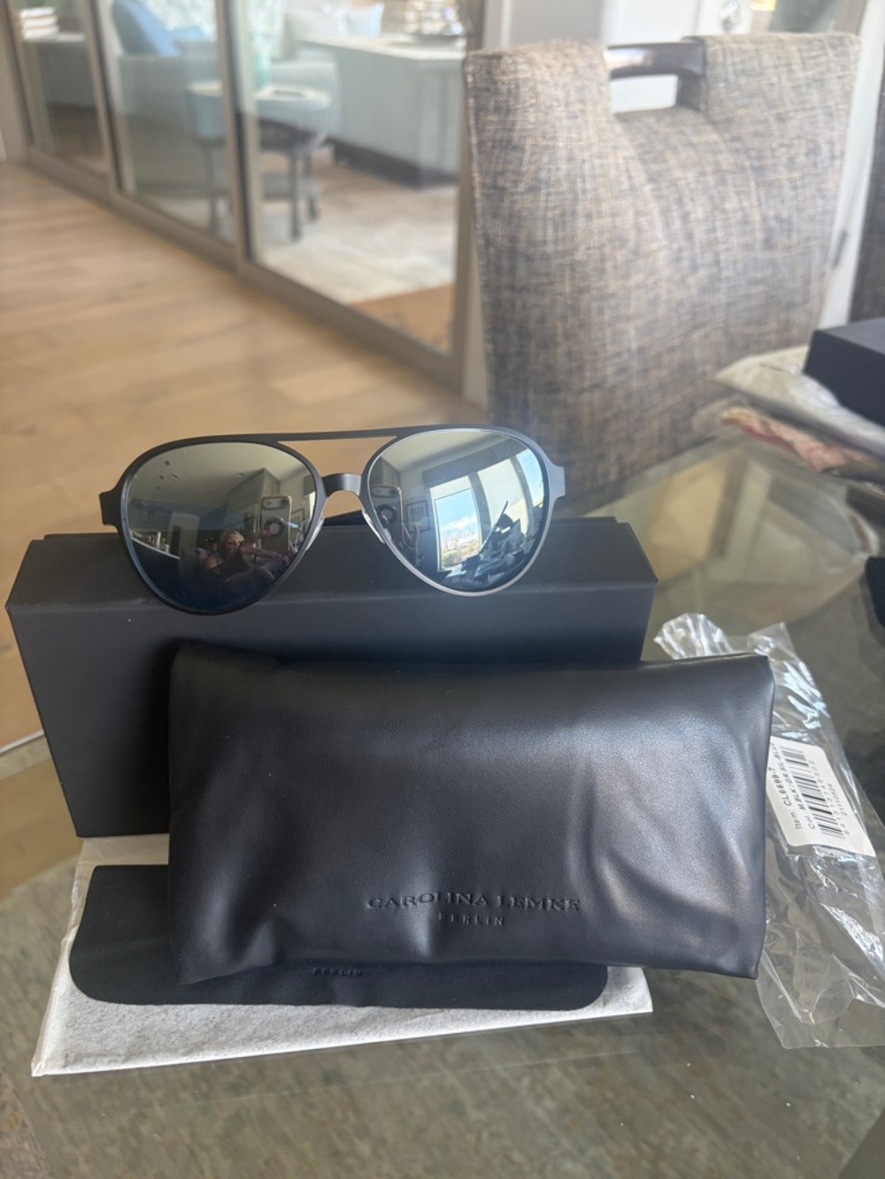 Carolina Lemke  Berlin Black Aviator Sunglasses with Mirrored Lenses nwt unisex